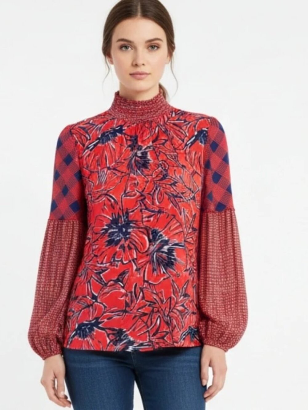 Anthropologie Bl^nk London 100% Viscose Mixed-Print Mock Neck Top Blouse Size XL - Picture 2 of 9